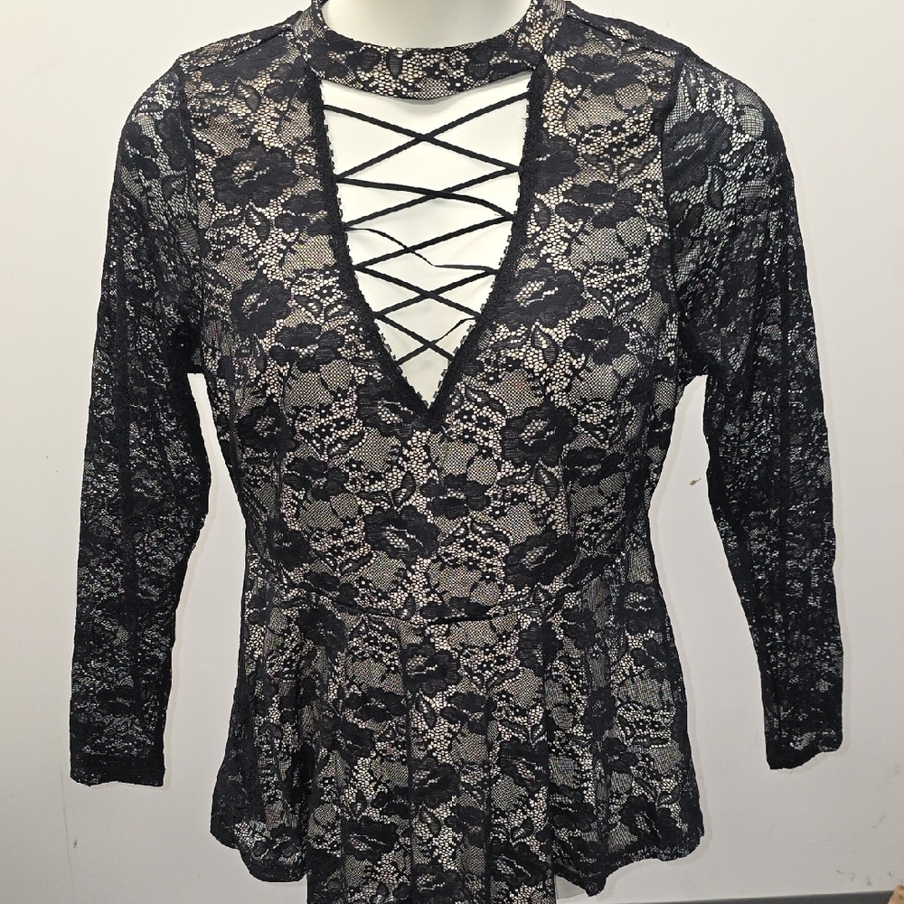 torrid Black Lace Long Sleeve Peplum Top with Crisscross Front